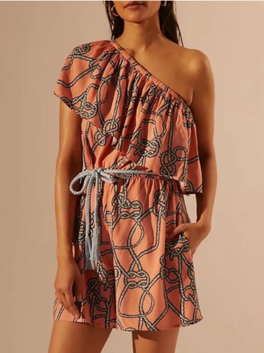 Corey Lynn Calter Coral One-Shoulder Ruffle Romper with Navy Rope Print